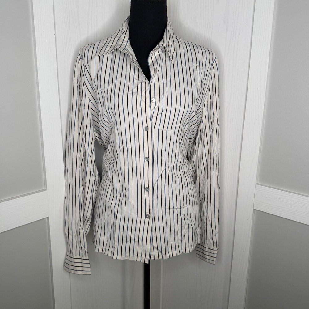 Drapers Studio Button Down Shirt Womens 16P White Blue Black Silk Striped Top